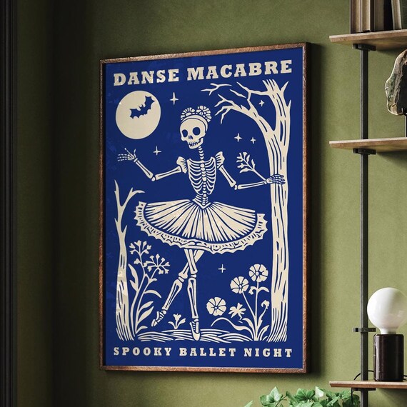 Blue Danse Macabre Spooky Ballet Night Skeleton Ballerina Poster