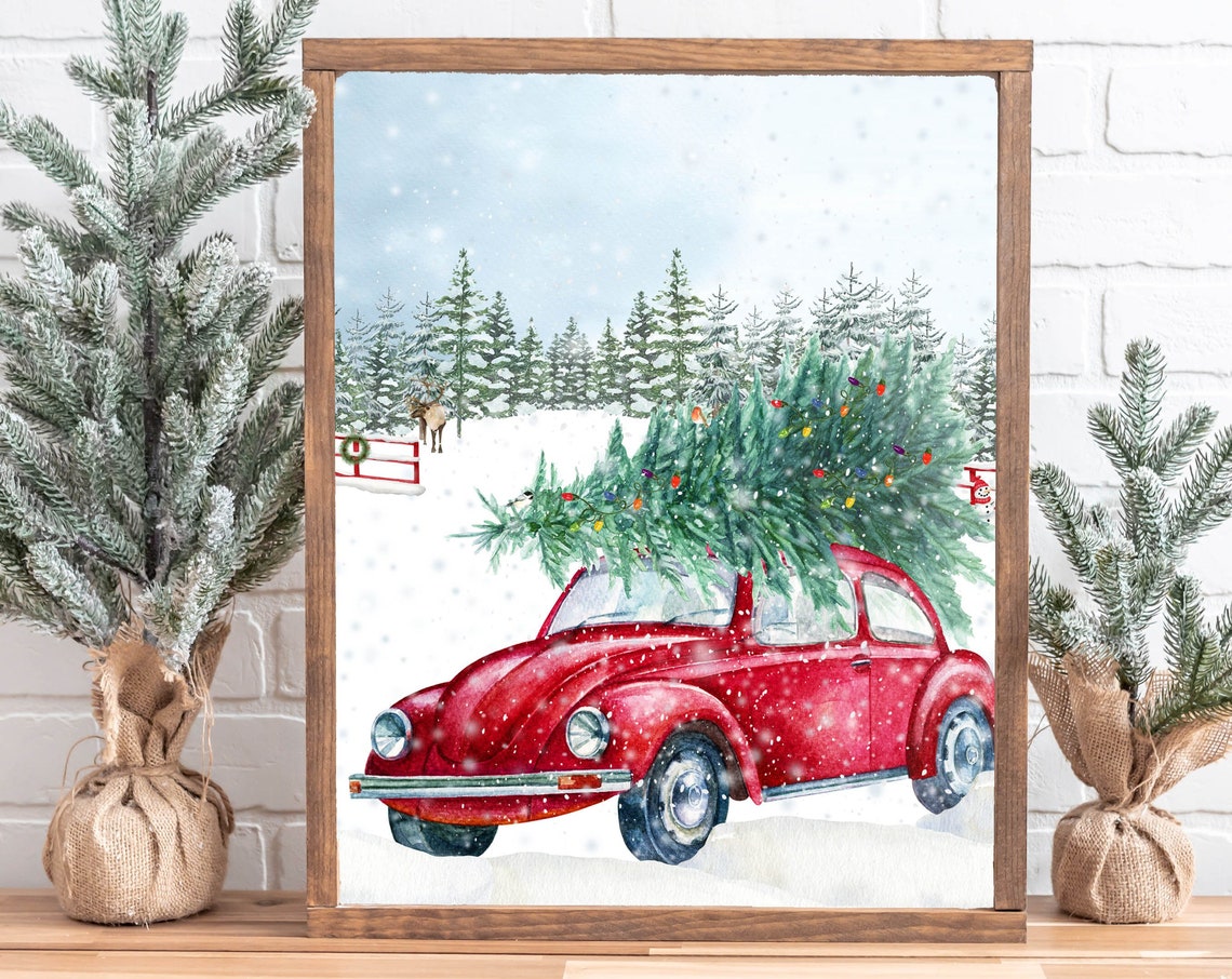 Red VW Beetle Christmas Tree Classic Snowy Pines Watercolor Poster