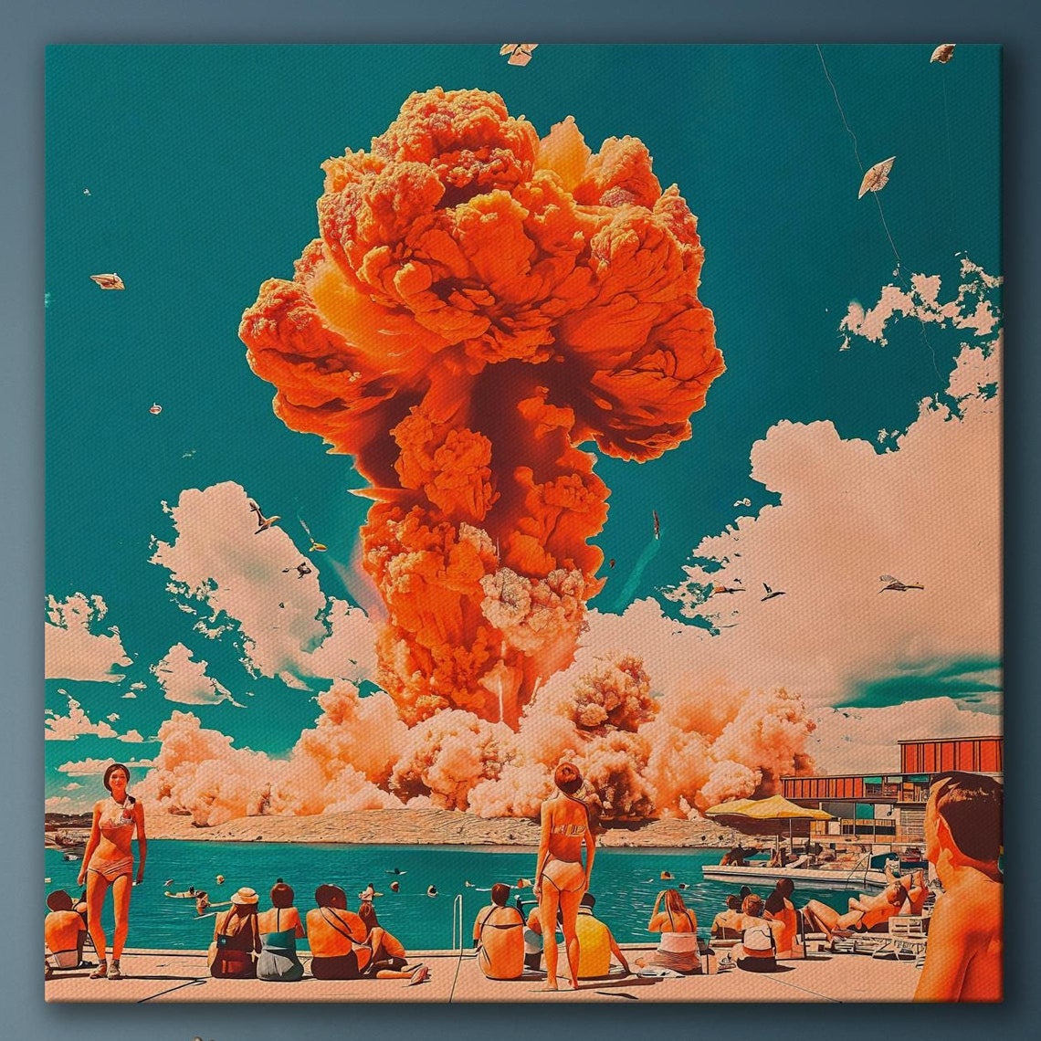 Retro Beach Atomic Mushroom Cloud Surreal Vintage Pop Art Poster