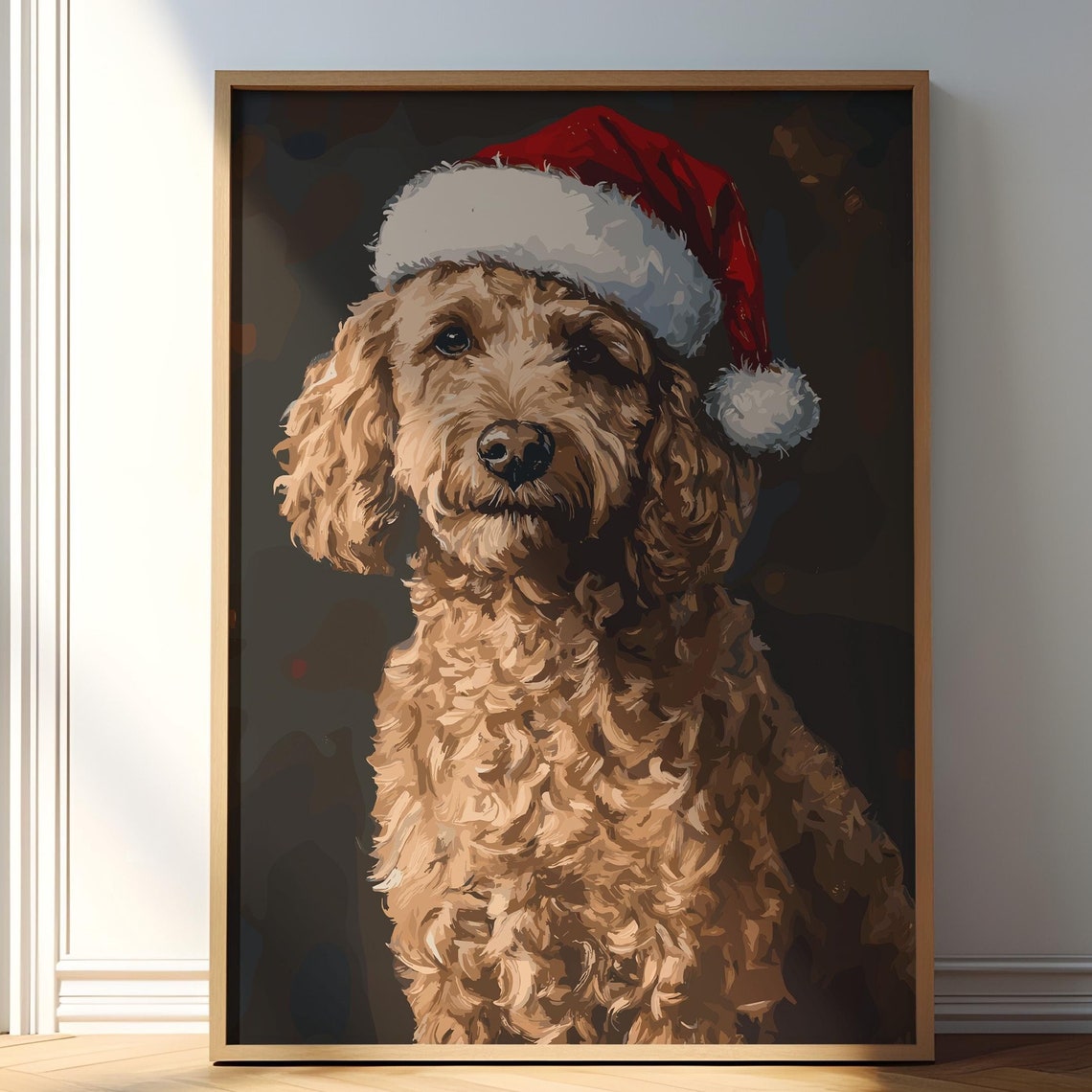 Goldendoodle Christmas Art Christmas Dog Santa Dog Print Vintage Dog Print Christmas Pet Goldendoodle Painting Vintage Christmas Print