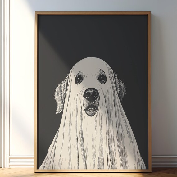 Golden Retriever Wearing Ghost Costume Funny Halloween Dog Poster