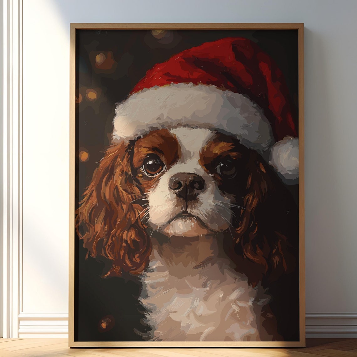 Christmas Cavalier King Charles Painting Dog Vintage Print Dog Wall Decor Antique Vintage Painting Dog Retro Drawing Farmhouse Print