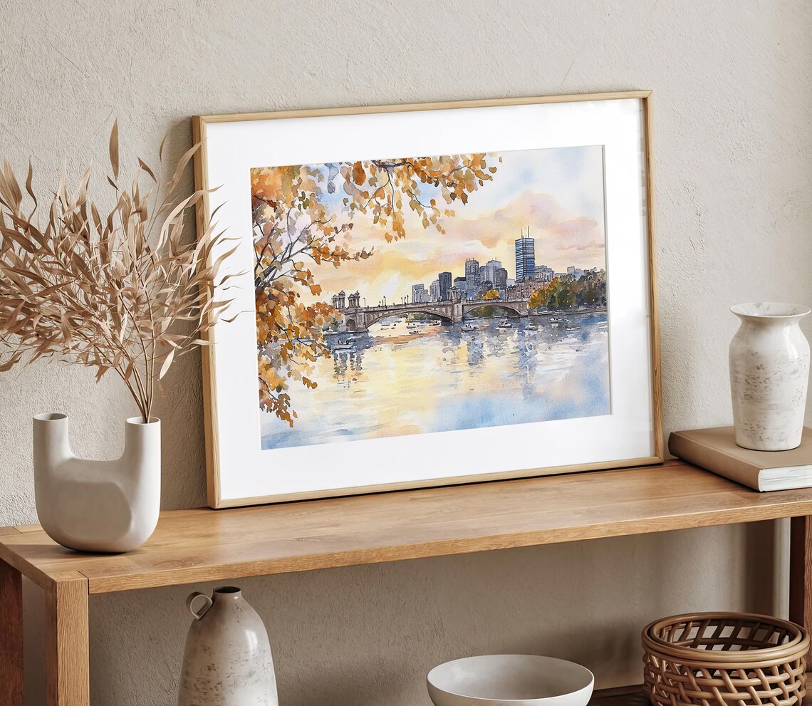 Charles River Boston Cityscape Watercolor Art Print - Image 2