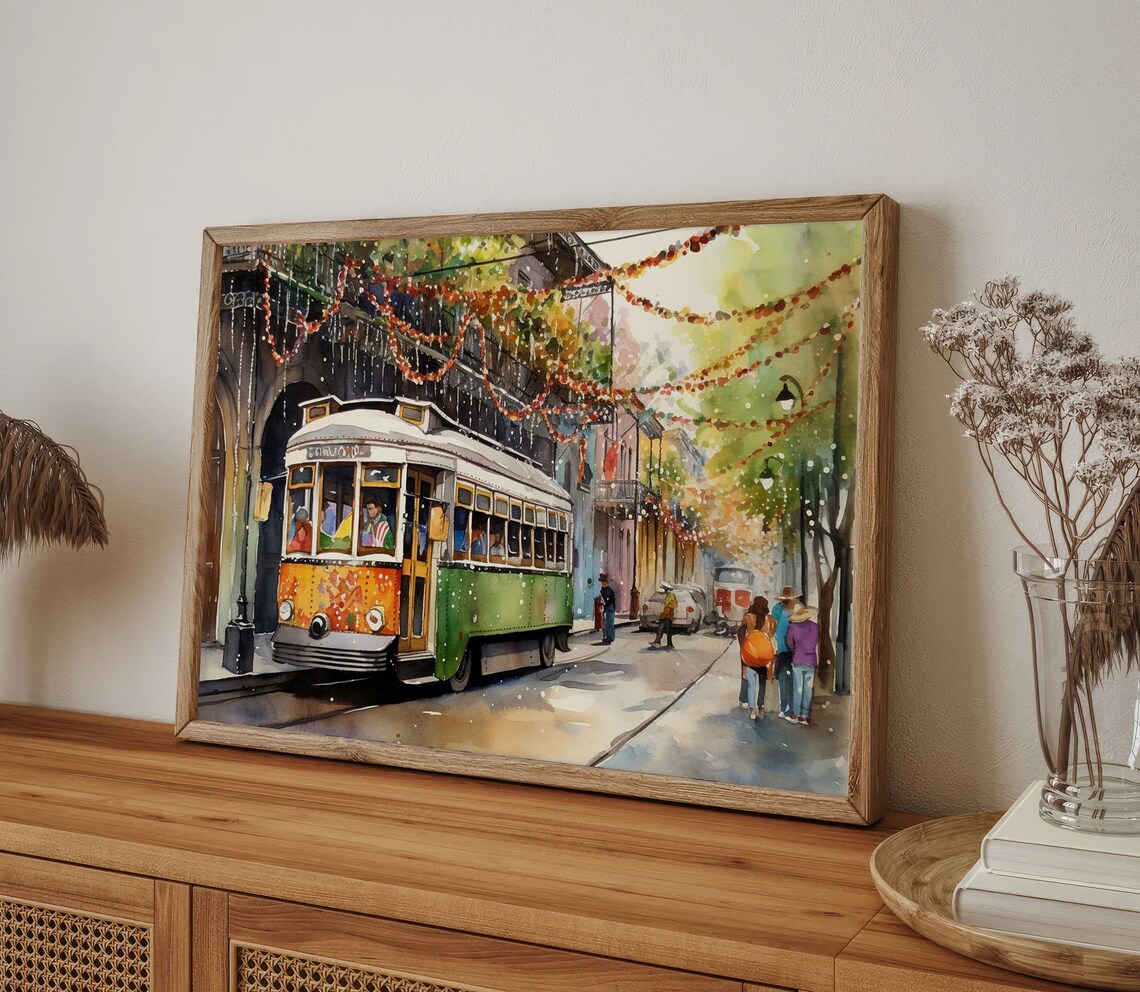 New Orleans Watercolor Streetcar Mardi Gras Art Print - Image 5