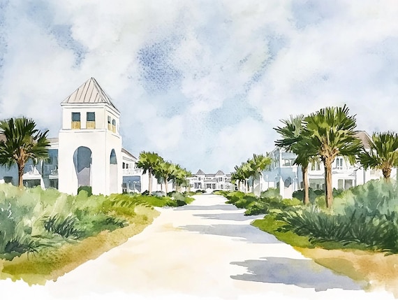 Alys Beach Painting Florida Watercolor Art Print Seaside Beach Wall Art Rosemary Beach Print Palm Trees Art