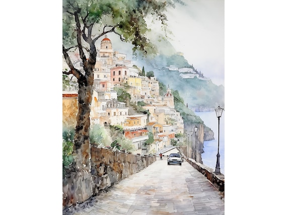 Positano Watercolor Print, Amalfi Coast Cityscape Art