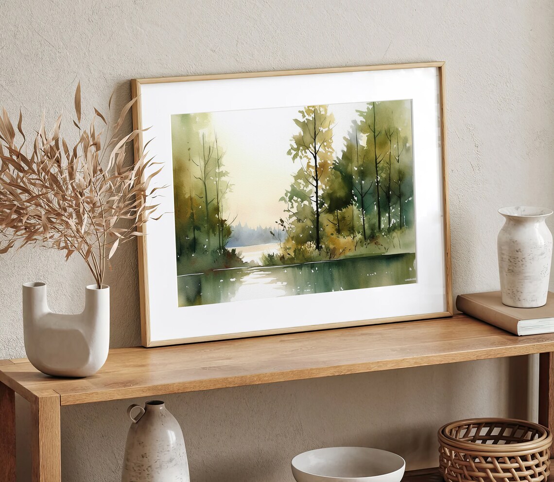 Lake Ontario Watercolor Print, Neutral Forest Landscape - Image 3