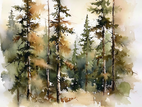 Spruce Trees Watercolor Art Print, Woodland Landscape