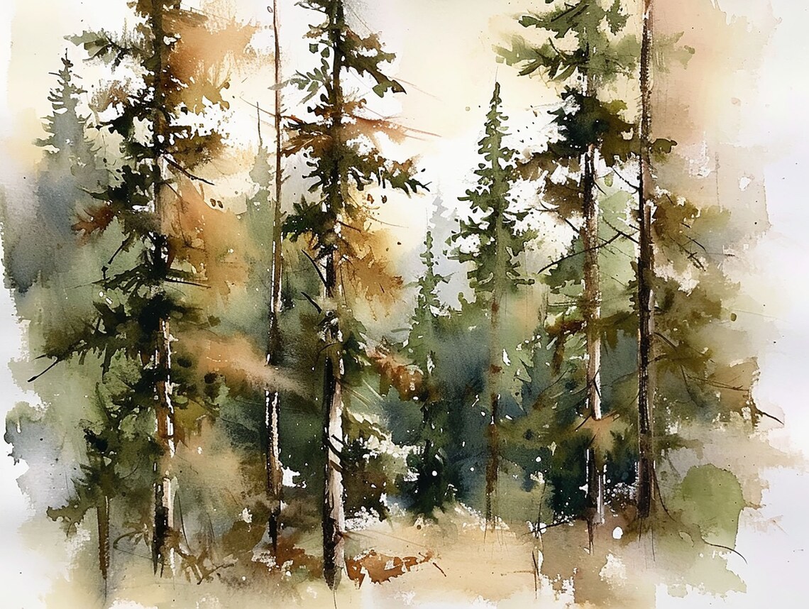 Spruce Trees Watercolor Art Print, Woodland Landscape