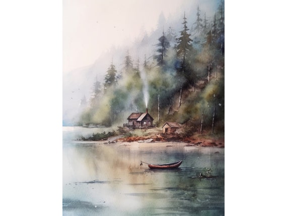 Lake Cabin Painting Virginia Watercolor Art Print Forest Lake Wall Art Foggy Neutral Landscape Art Pine Forest Print