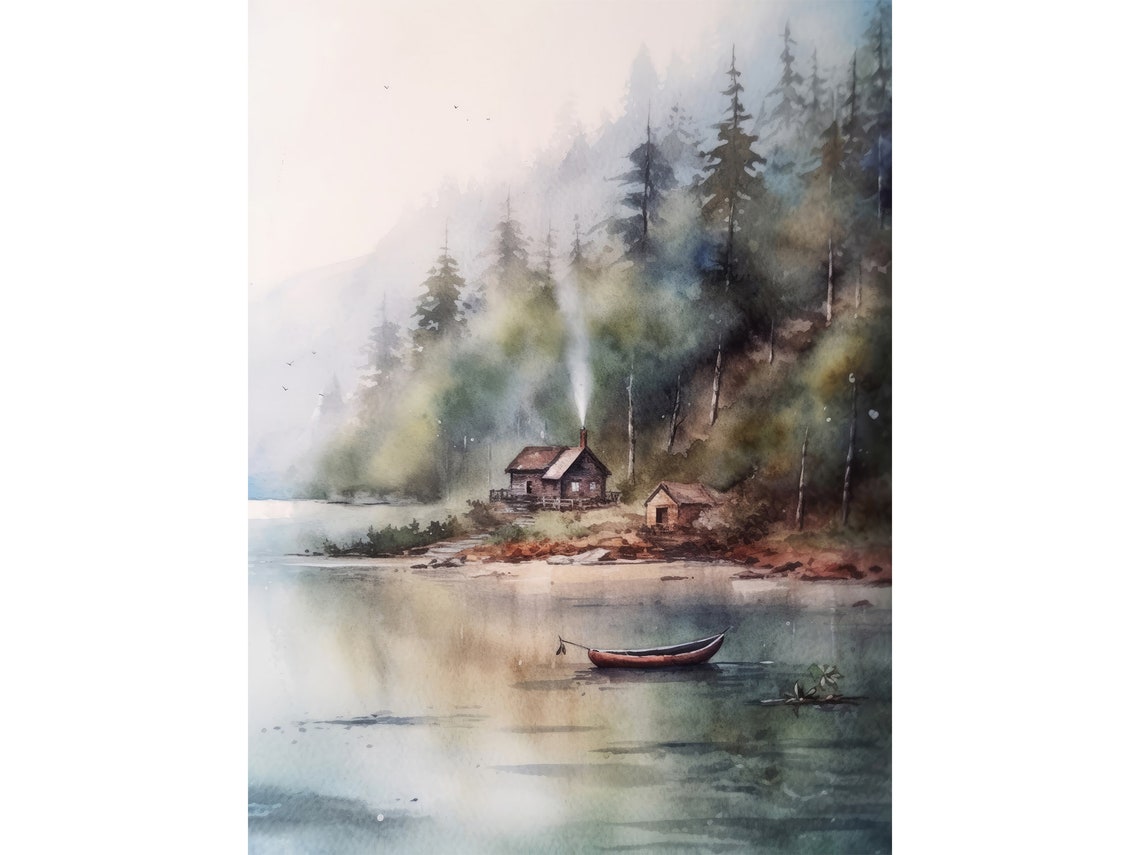 Misty Morning Lakeside Cabin Pine Forest Canoe Watercolor Poster
