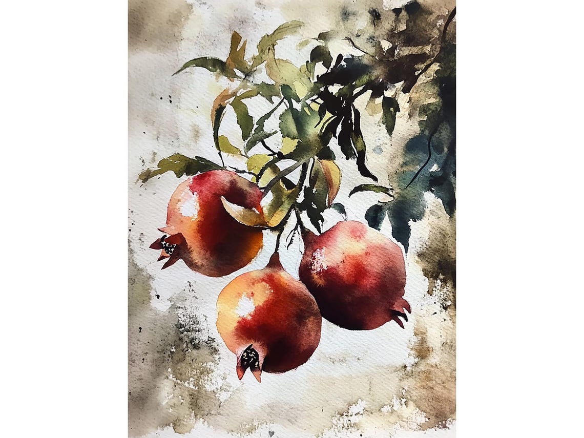 Pomegranates on a Branch Ripe Red Fruit Watercolor Botanical Poster