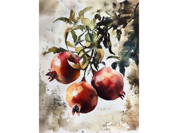 Pomegranate Painting Fruit Watercolor Print Pomegranates On Branch Wall Art Farmhouse Kitchen Wall Decor