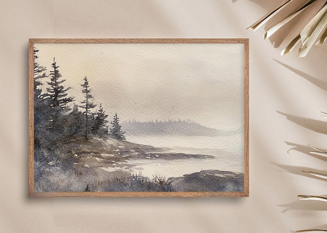 Schoodic Painting Peninsula Watercolor Art Print Acadia Wall Art Maine Landscape Print Foggy Morning Seascape Art Pine Forest Poster - Image 3