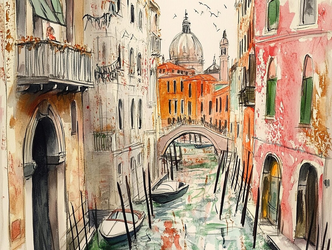 Venice Watercolor Art Print, Italian Cityscape