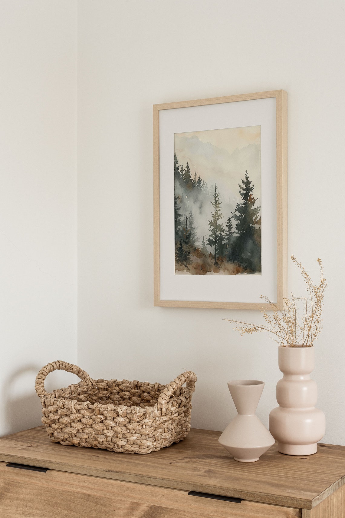 Misty Pine Forest with Foggy Peaks Watercolor Landscape Wall Art - Image 4