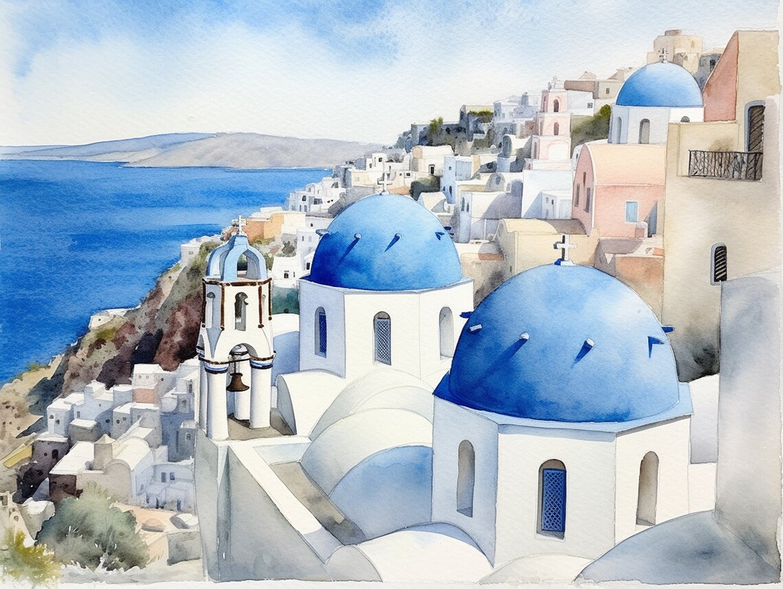 Santorini Watercolor Travel Poster, Greek Coastline