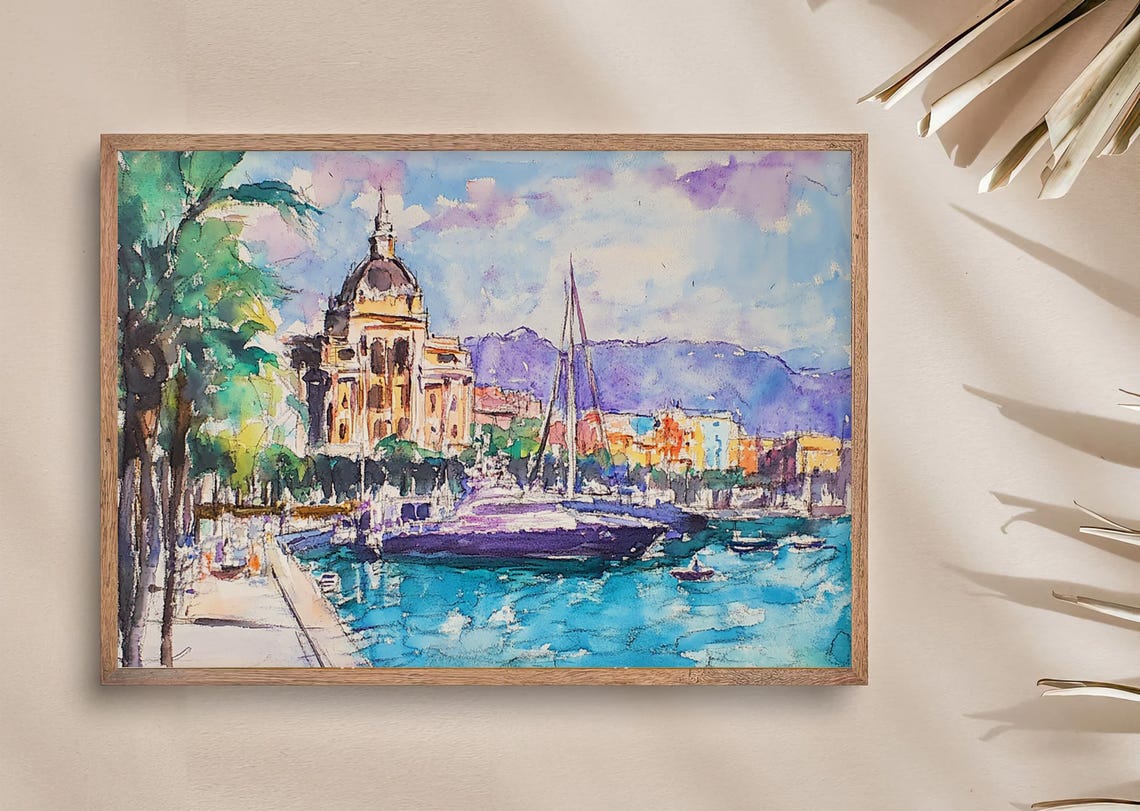 Barcelona Painting Spain Watercolor Art Print Barcelona Harbor Wall Art Cityscape Print Sailboat Art Travel Poster - Image 3