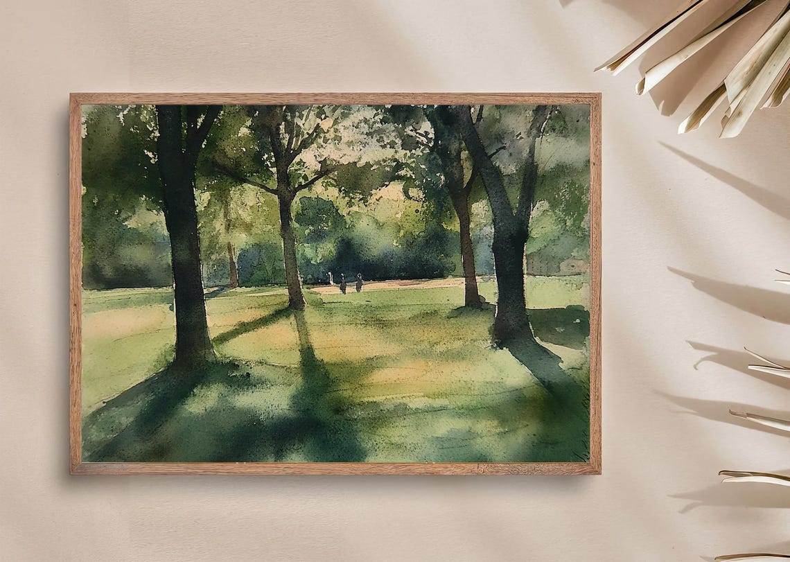 Sunlit Park Trees Dappled Light Green Forest Watercolor Poster - Image 3