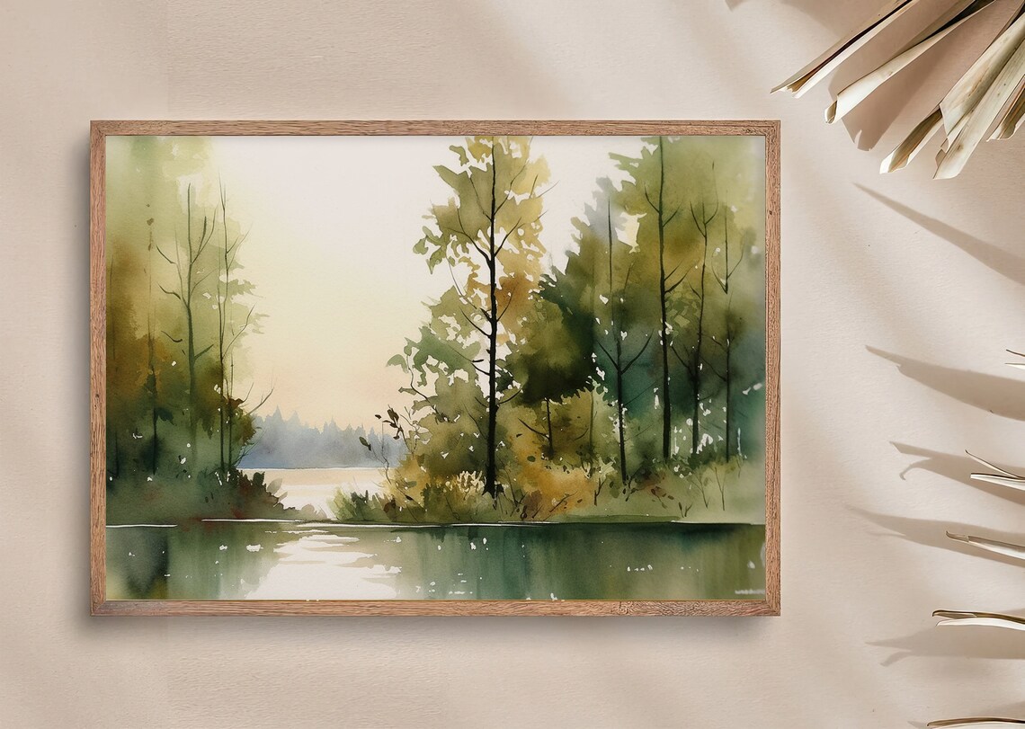 Lake Ontario Watercolor Print, Neutral Forest Landscape - Image 4