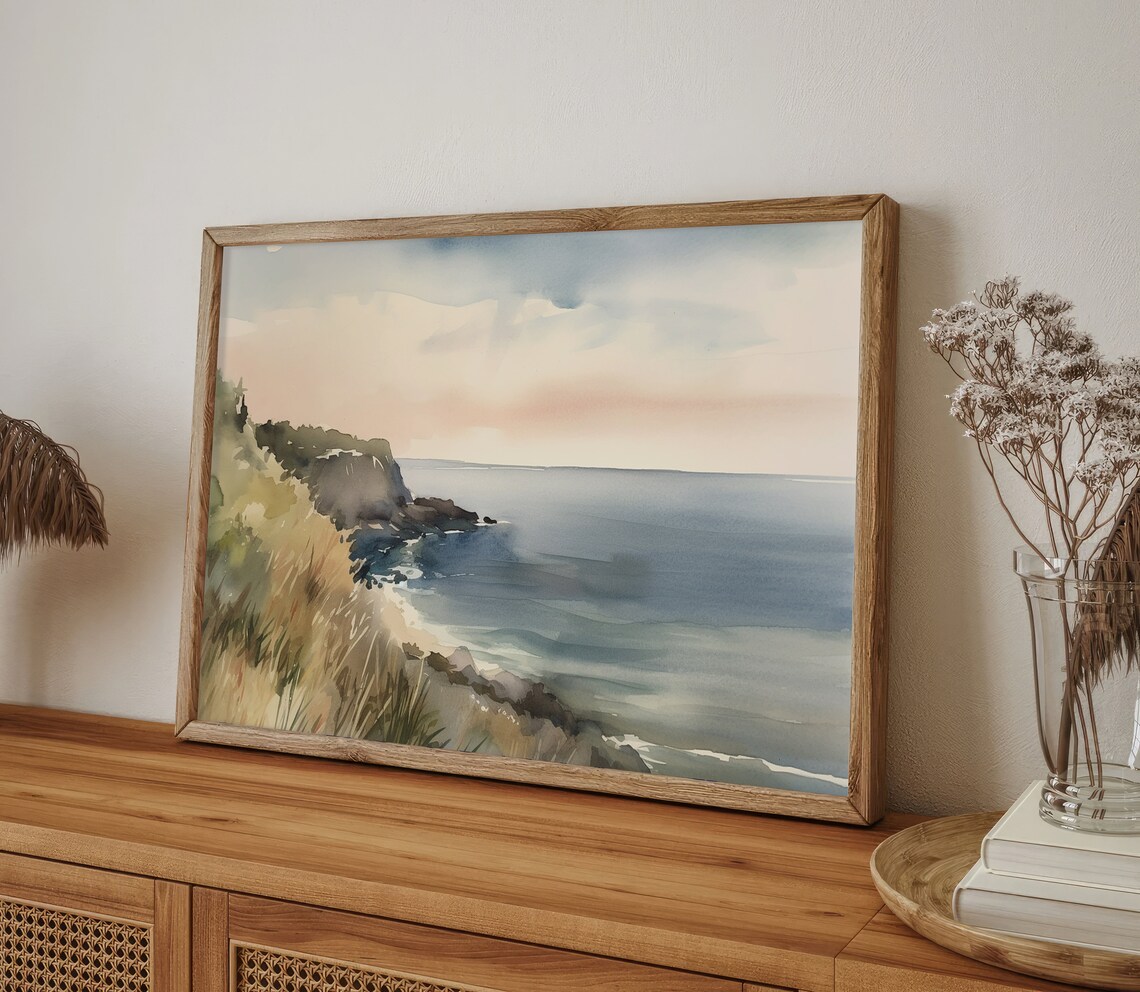 Cornwall Coastal Cliffs Rocky Shore and Calm Sea Watercolor Seascape Poster - Image 3