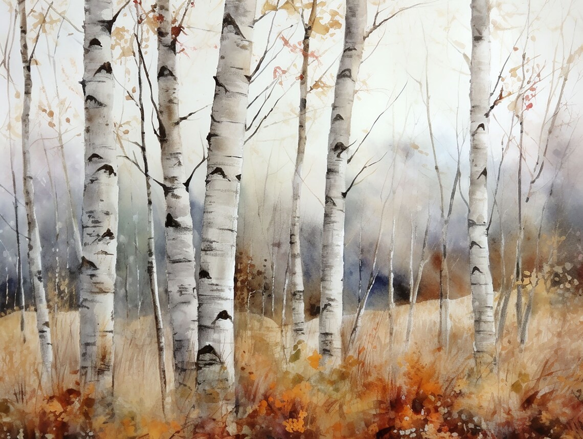 Birches Fall Watercolor Landscape Art Print