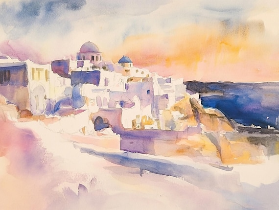 Santorini Style Whitewashed Village Blue Domes Sunset Poster