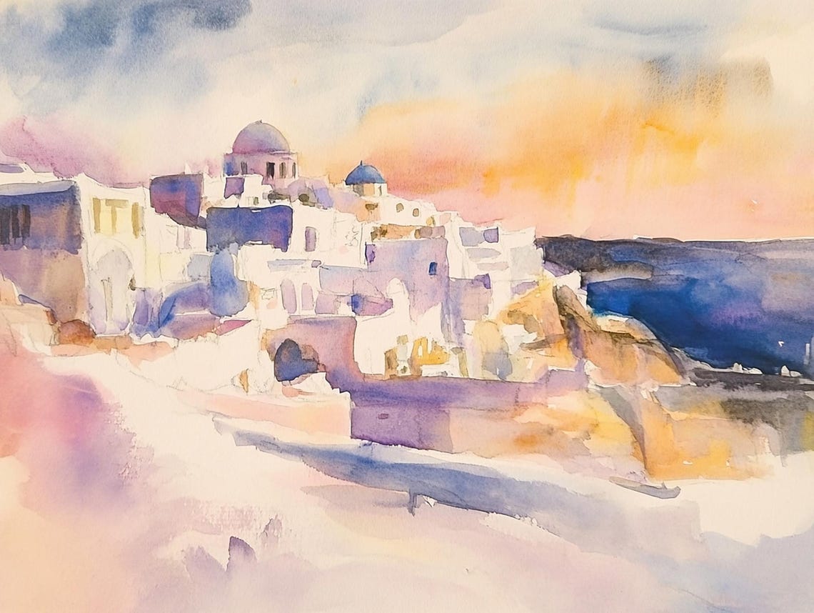 Santorini Style Whitewashed Village Blue Domes Sunset Poster