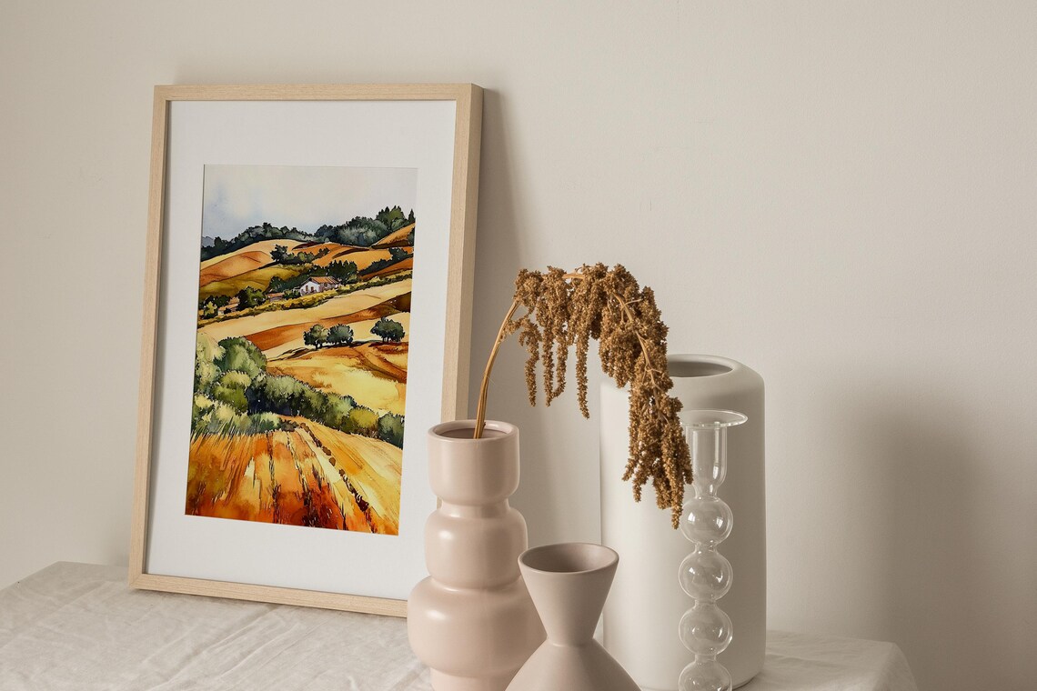 San Joaquin Valley Golden Hills Farm Watercolor California Poster - Image 2