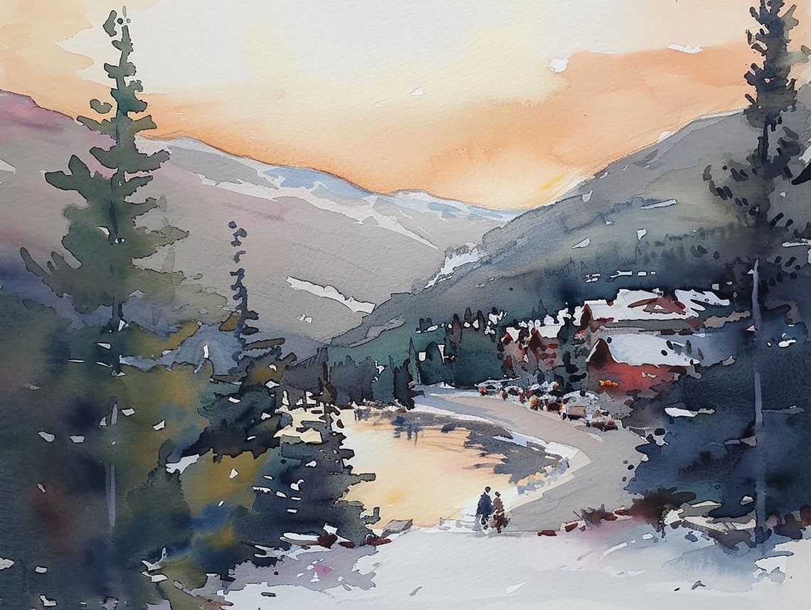 Lake Chelan Winter Mountain Lake Sunset Pines Watercolor Poster