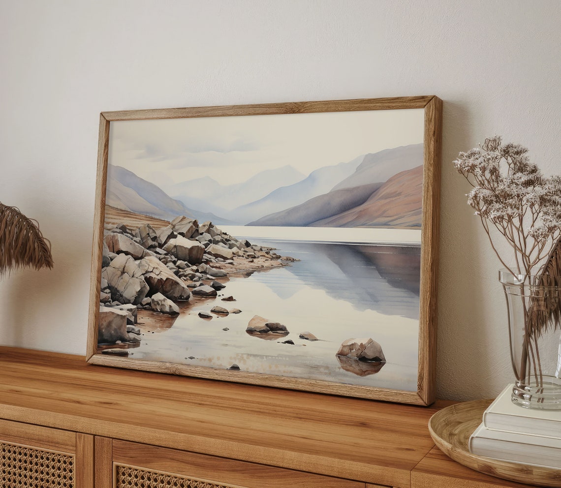 Rocky Lakeshore with Perfect Mountain Reflections Watercolor Poster - Image 3