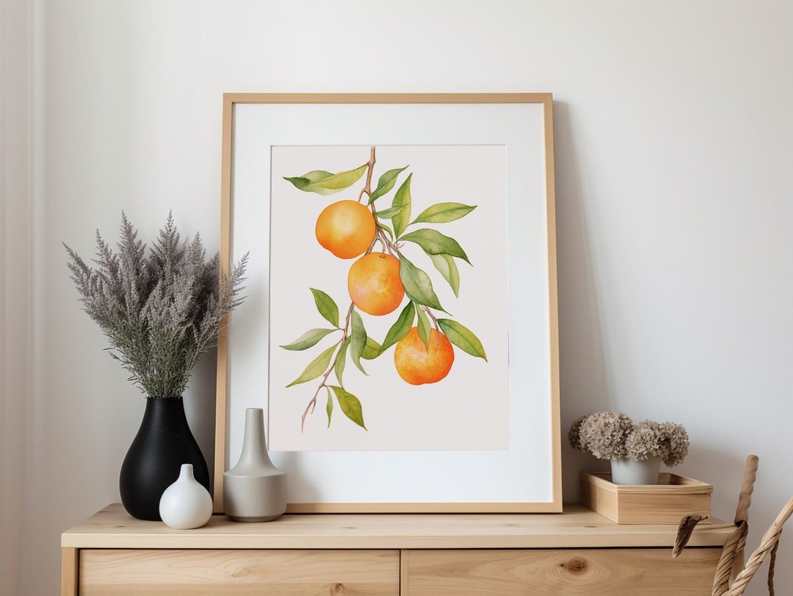 Juicy Ripe Oranges Hanging from a Leafy Branch Watercolor Print - Image 4