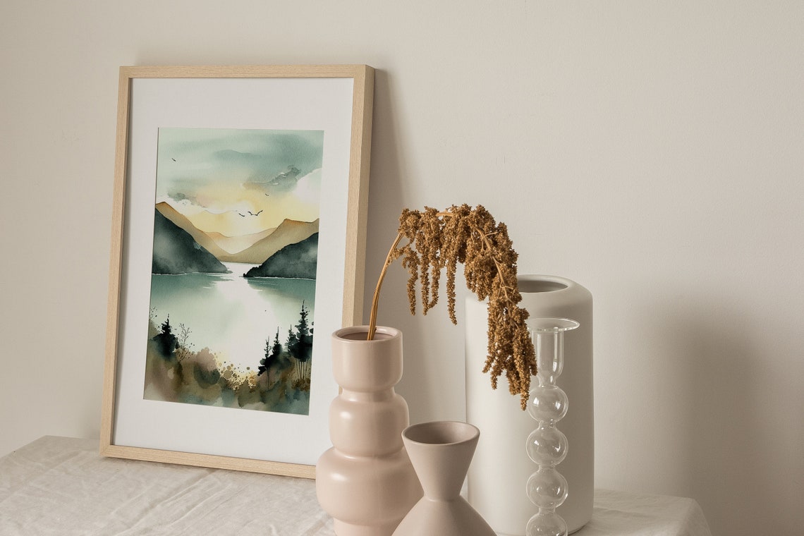 Peaceful Sunrise Over Mountain Lake Mist Watercolor Nature Poster - Image 4