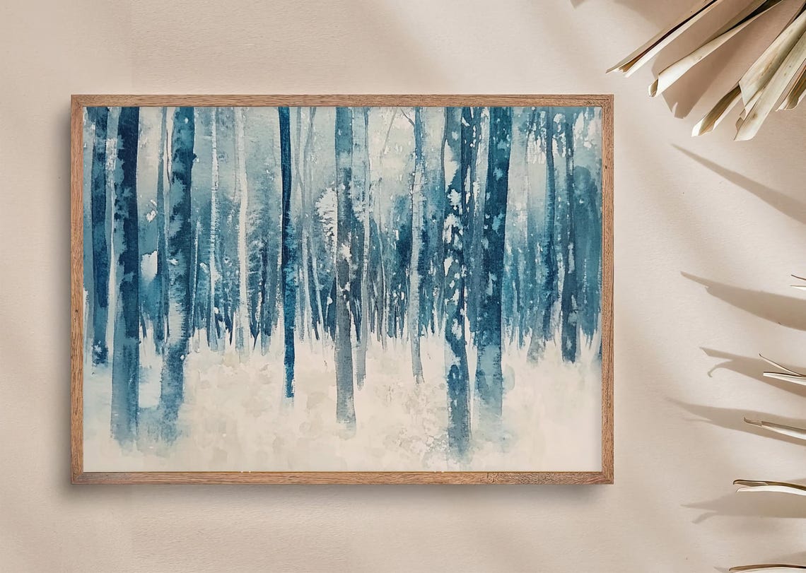 Monochrome Blue Snowy Pine Forest Winter Trees Watercolor Wall Art - Image 3