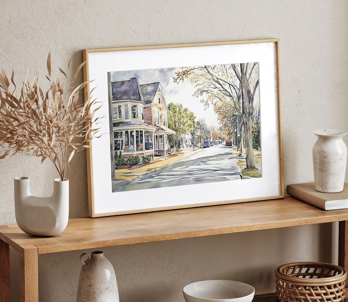 Quiet Victorian Street Lined with Autumn Trees Watercolor Poster - Image 3