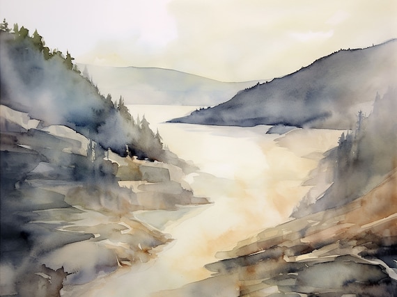 Columbia Gorge Painting Hood River Watercolor Art Oregon Landscape Wal Art Abstract Mountain River Artwork