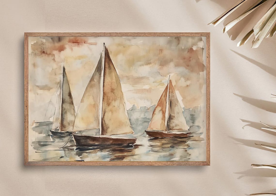 Three Sailboats Gliding Across a Soft Sunset Sea Watercolor Poster - Image 3