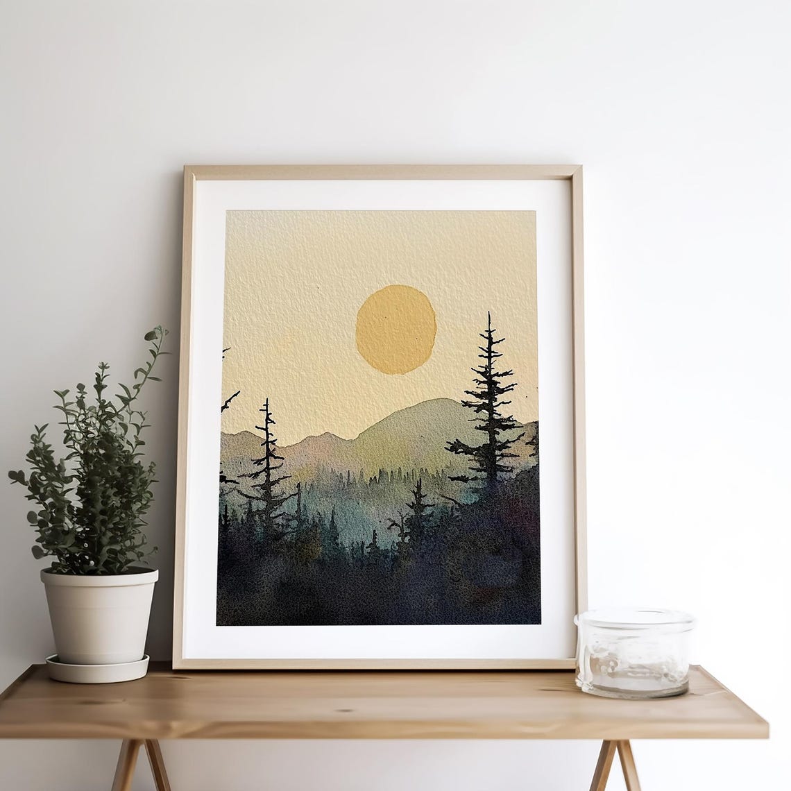 Golden Sun Over Misty Pine Mountains Silhouette Watercolor Dusk Poster - Image 4