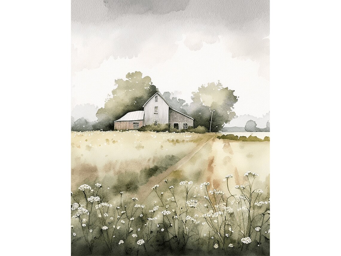 Farm Painting Wildflowers Watercolor Art Print