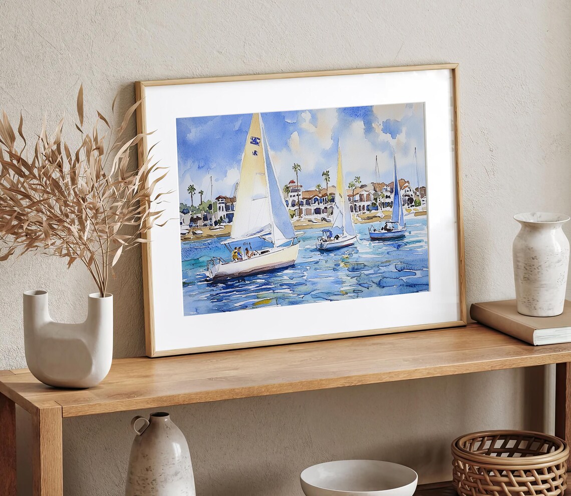 Balboa Island Watercolor Print Newport Beach Painting Sailboats Wall Art California Coastal Print Beach House Decor - Image 2