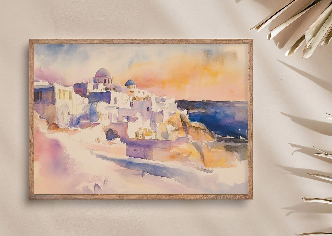 Santorini Style Whitewashed Village Blue Domes Sunset Poster - Image 3