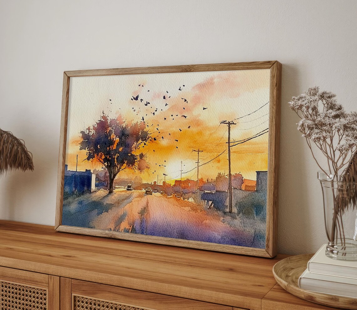 Sunset Street Flock of Birds Orange Sky Watercolor City Poster - Image 4
