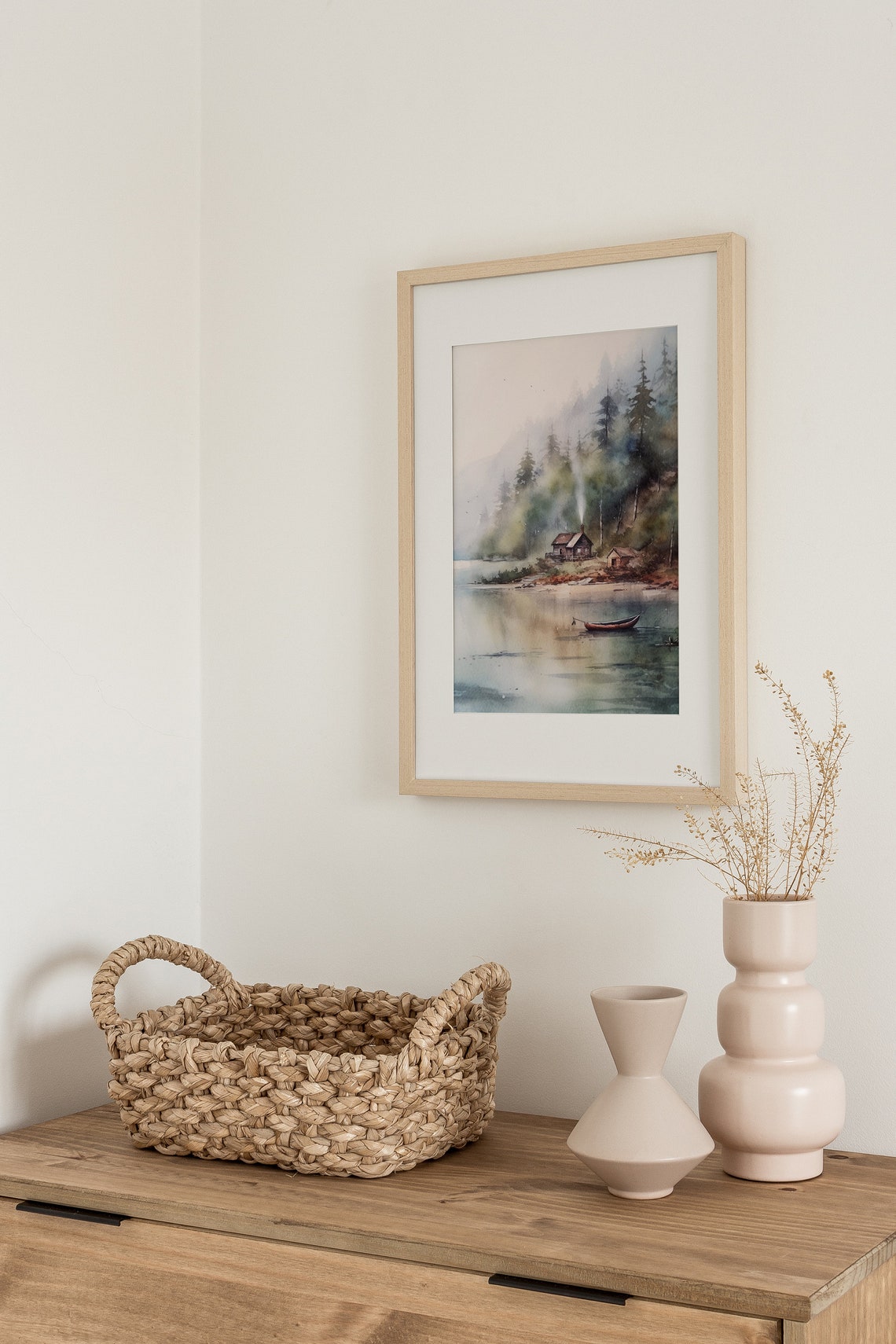 Misty Morning Lakeside Cabin Pine Forest Canoe Watercolor Poster - Image 4