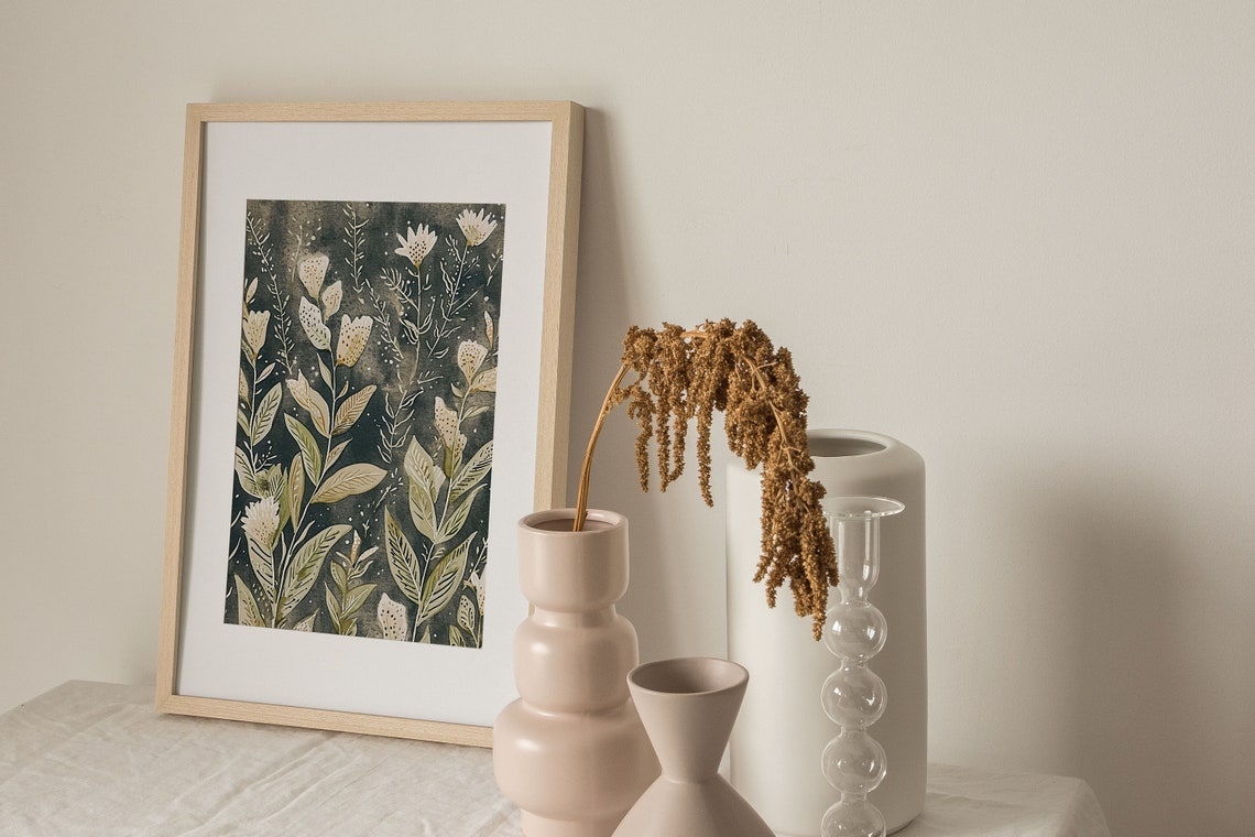 Elegant White Botanical Blooms on Moody Dark Background Wall Art - Image 4