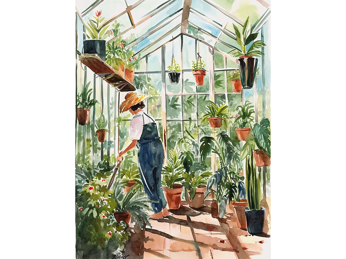 Greenhouse Garden Watercolor Art Print, Spring Decor