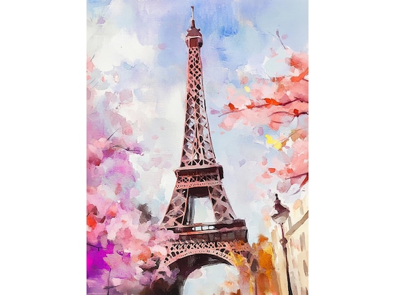 Paris Eiffel Tower Spring Blossom Watercolor Landmark Poster