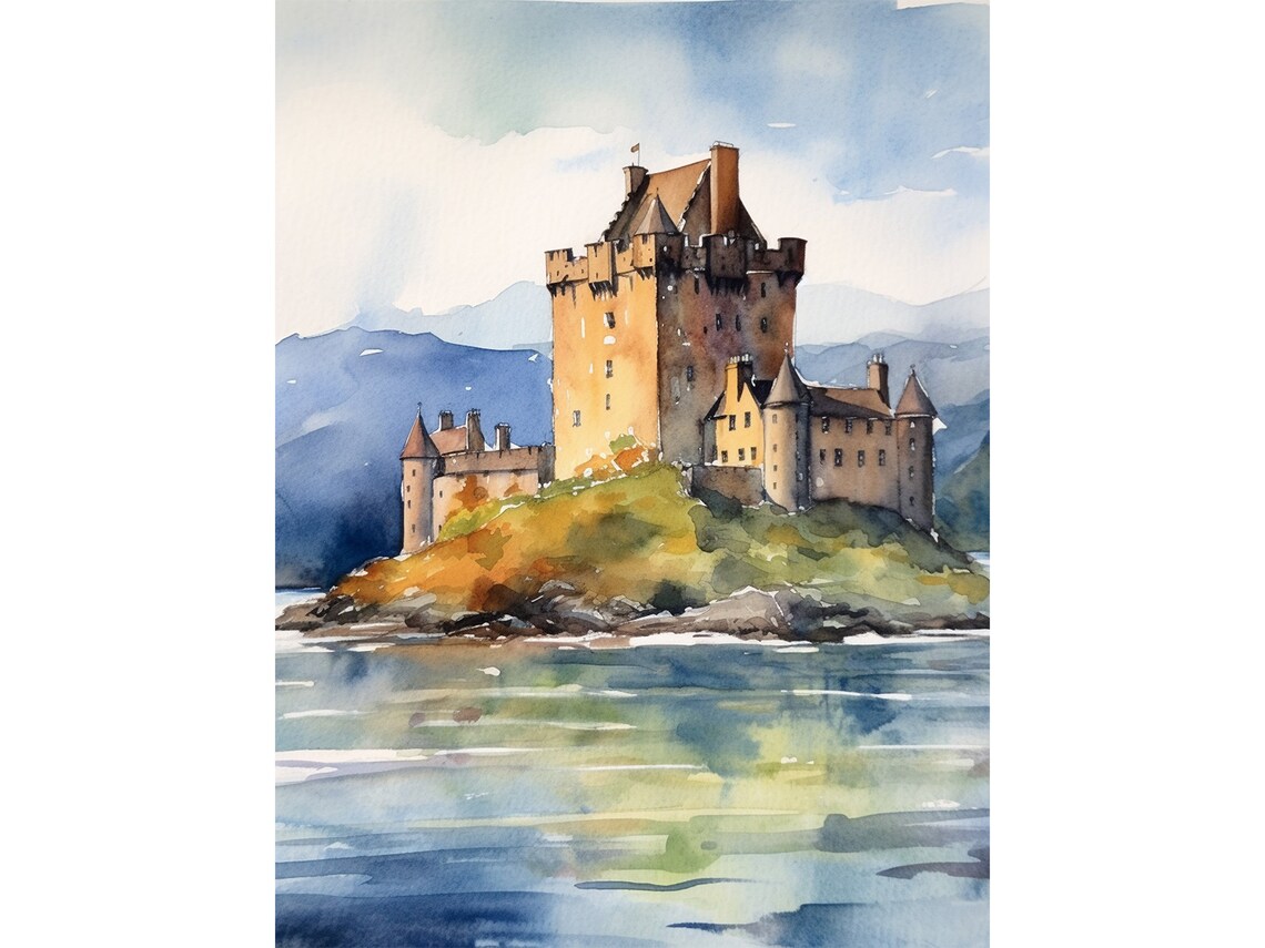 Eilean Donnain Castle Watercolor Art Print, Scotland