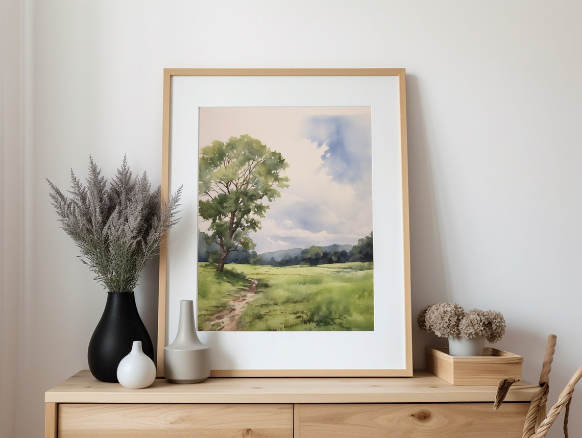 Lone Oak Tree Green Field Summer Watercolor Countryside Poster - Image 4