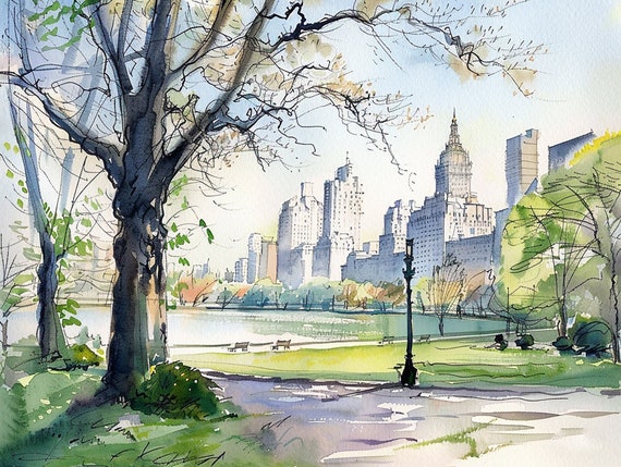Central Park Watercolor New York Skyline Art Print