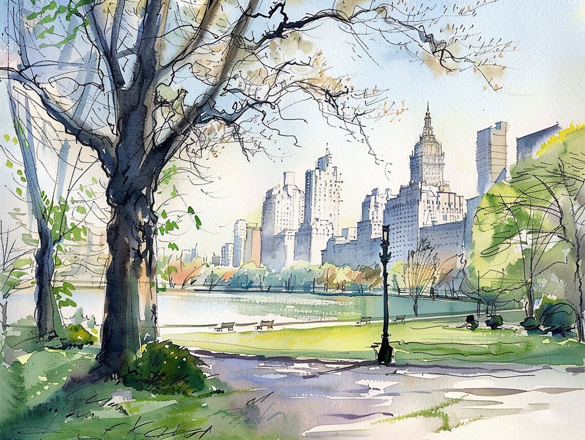 Central Park Watercolor New York Skyline Art Print